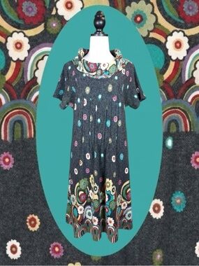 Joe Browns Boho Retro Artsy Grey Rainbow Floral Cowl Neck Sweater Tunic Dress 12